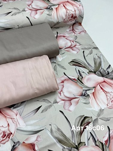 Сатин диджитал 240 см цветы на темн.пудре арт.16с06